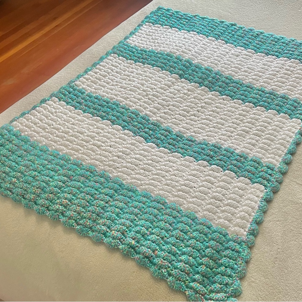 Turquoise and White Baby’s Blanket Hand Knit